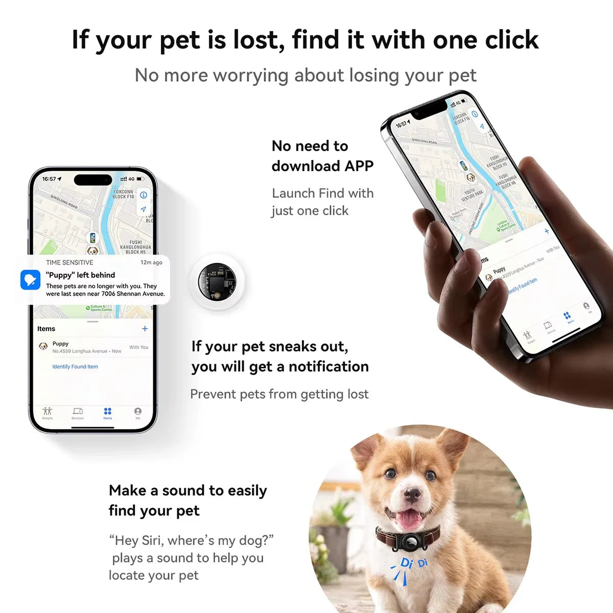 GPS Pet Tracker with No Monthly Fee – Compatible with Apple Find My for Dogs and Cats